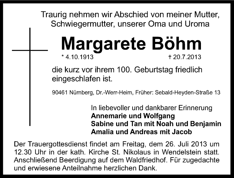  Traueranzeige für Margarete Böhm vom 24.07.2013 aus Gesamtausgabe Nürnberger Nachrichten/ Nürnberger Ztg.