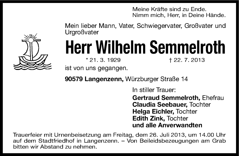 Traueranzeige für Wilhelm Semmelroth vom 25.07.2013 aus Fürther Nachrichten Lokal