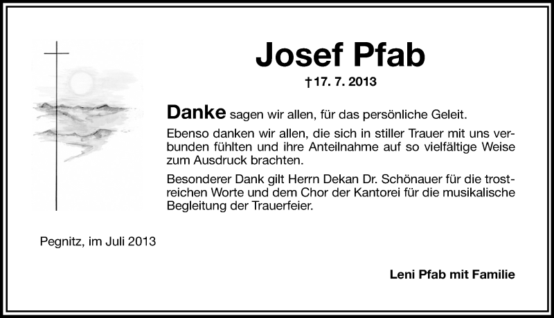  Traueranzeige für Josef Pfab vom 27.07.2013 aus Nordbayerische Nachrichten Pegnitz Lokal