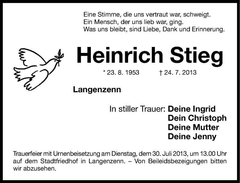 Traueranzeige für Heinrich Stieg vom 27.07.2013 aus Fürther Nachrichten Lokal