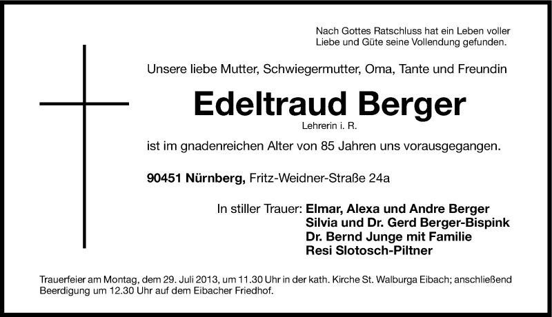  Traueranzeige für Edeltraud Berger vom 27.07.2013 aus Gesamtausgabe Nürnberger Nachrichten/ Nürnberger Ztg.
