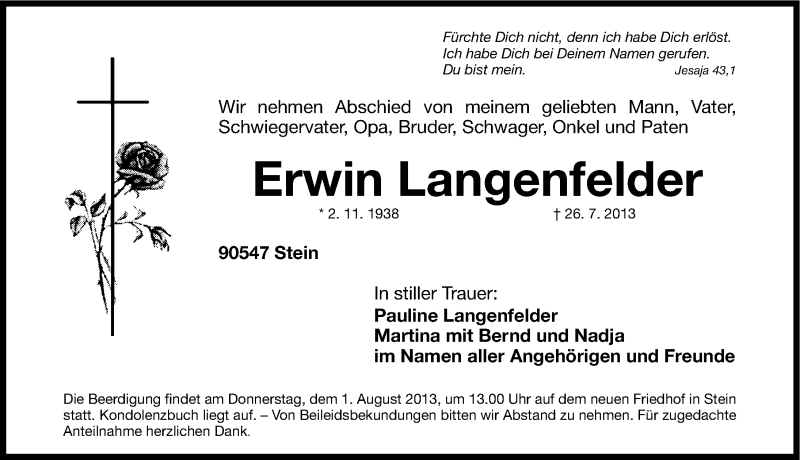  Traueranzeige für Erwin Langenfelder vom 30.07.2013 aus Gesamtausgabe Nürnberger Nachrichten/ Nürnberger Ztg.