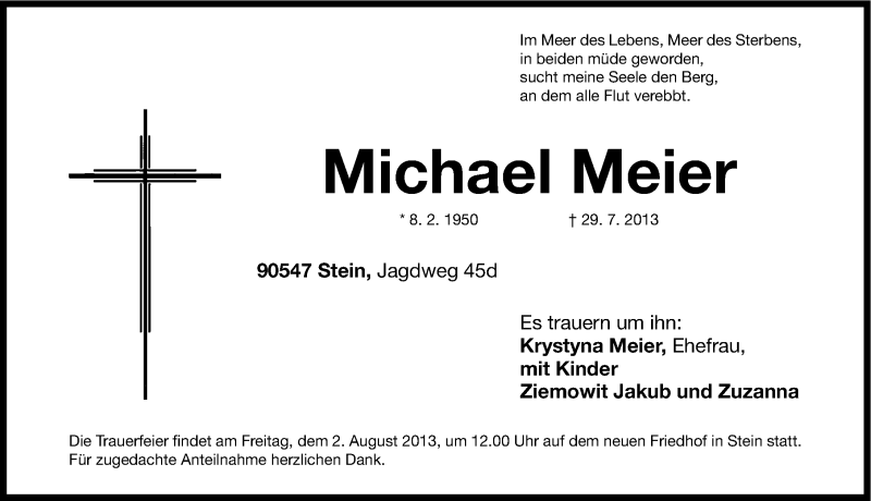  Traueranzeige für Michael Meier vom 31.07.2013 aus Gesamtausgabe Nürnberger Nachrichten/ Nürnberger Ztg.