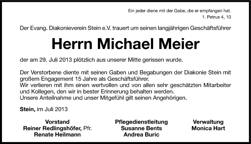  Traueranzeige für Michael Meier vom 01.08.2013 aus Fürther Nachrichten Lokal