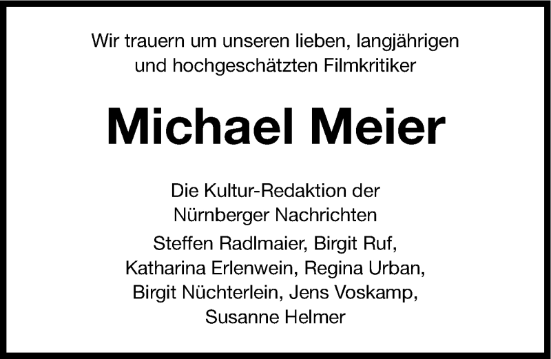  Traueranzeige für Michael Meier vom 01.08.2013 aus Gesamtausgabe Nürnberger Nachrichten/ Nürnberger Ztg.