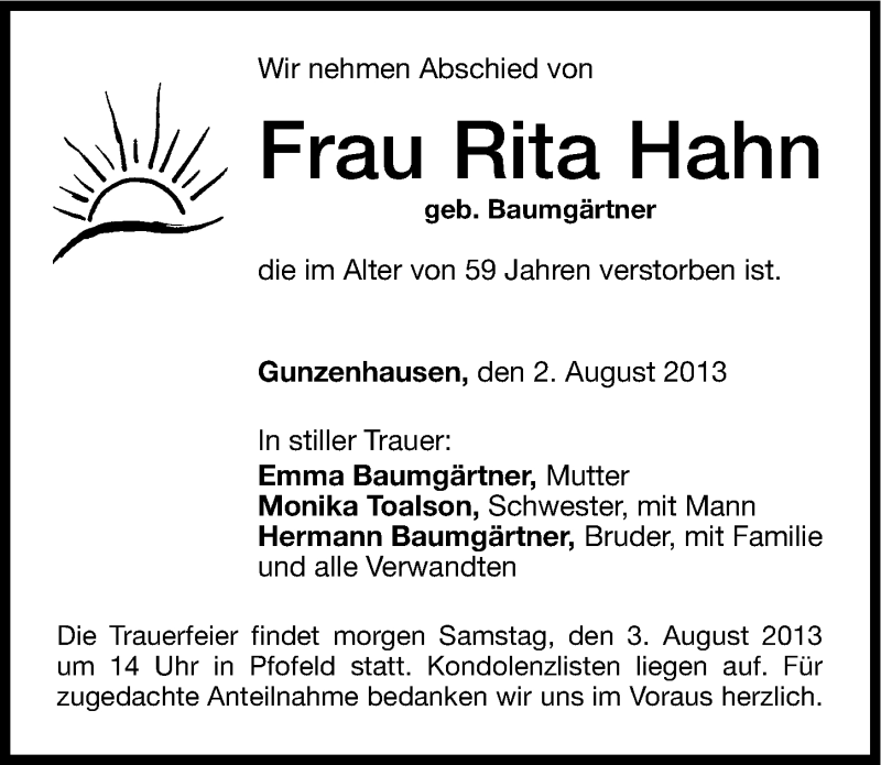  Traueranzeige für Rita Hahn vom 02.08.2013 aus Altmühl-Bote Lokal