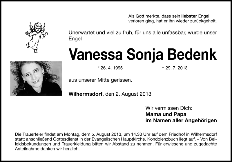 Traueranzeige für Vanessa Sonja Bedenk vom 02.08.2013 aus Fürther Nachrichten Lokal
