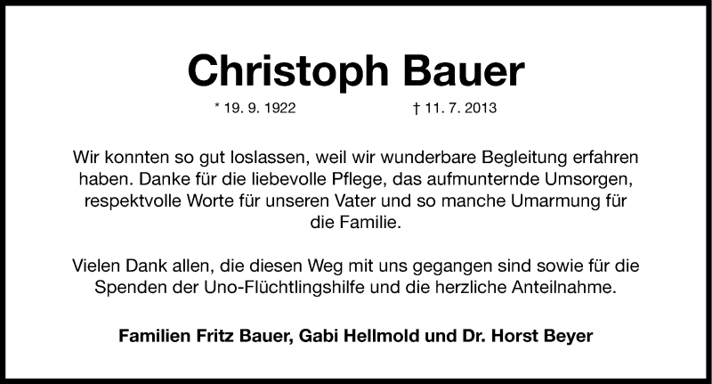  Traueranzeige für Christoph Bauer vom 03.08.2013 aus Nordbayerische Nachrichten Pegnitz Lokal