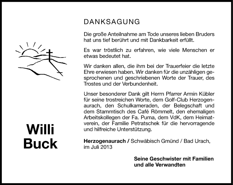  Traueranzeige für Willi Buck vom 03.08.2013 aus Nordbayerische Nachrichten Herzogenaurach Lokal
