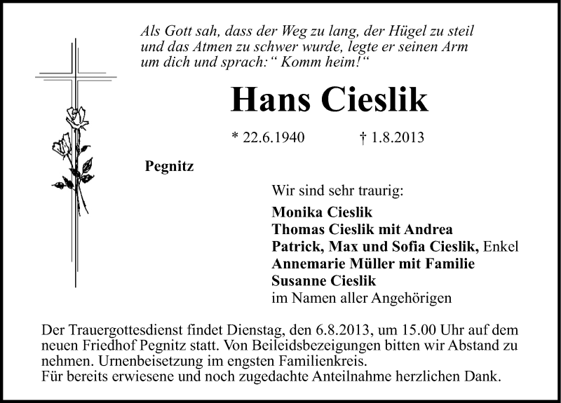  Traueranzeige für Hans Cieslik vom 03.08.2013 aus Nordbayerische Nachrichten Pegnitz Lokal