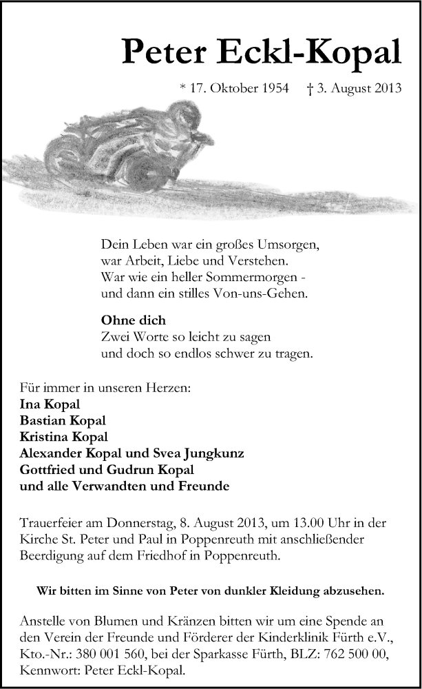  Traueranzeige für Peter Eckl-Kopal vom 06.08.2013 aus Gesamtausgabe Nürnberger Nachrichten/ Nürnberger Ztg.