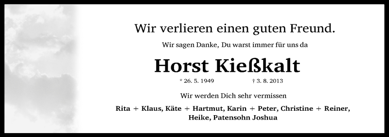 Traueranzeigen von Horst Kießkalt trauer.nn.de