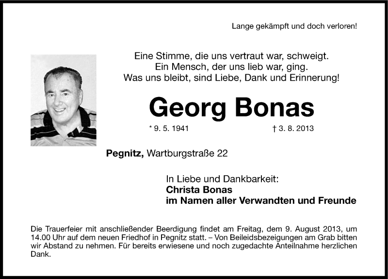  Traueranzeige für Georg Bonas vom 07.08.2013 aus Nordbayerische Nachrichten Pegnitz Lokal