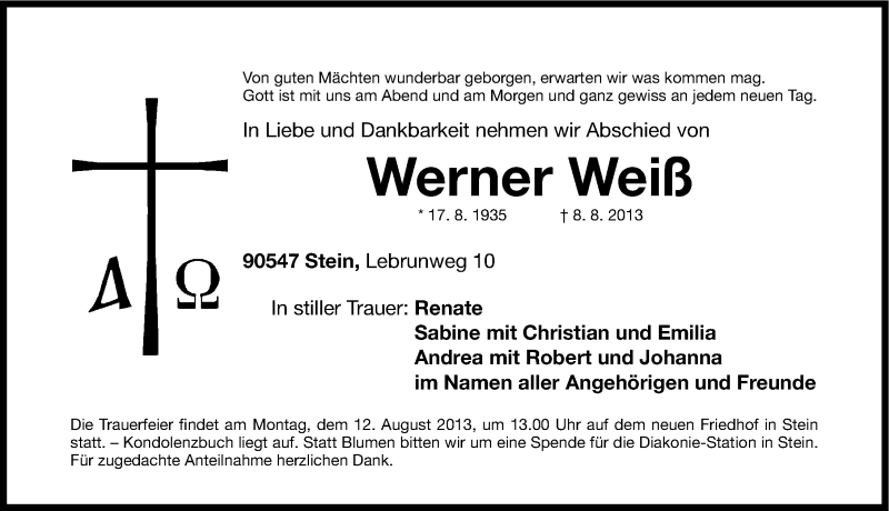  Traueranzeige für Werner Weiß vom 10.08.2013 aus Gesamtausgabe Nürnberger Nachrichten/ Nürnberger Ztg.