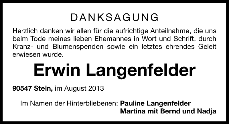  Traueranzeige für Erwin Langenfelder vom 10.08.2013 aus Gesamtausgabe Nürnberger Nachrichten/ Nürnberger Ztg.