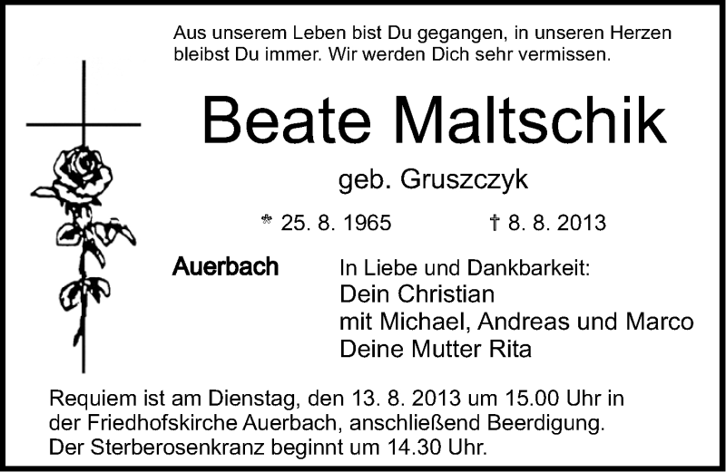  Traueranzeige für Beate Maltschik vom 10.08.2013 aus Nordbayerische Nachrichten Pegnitz Lokal