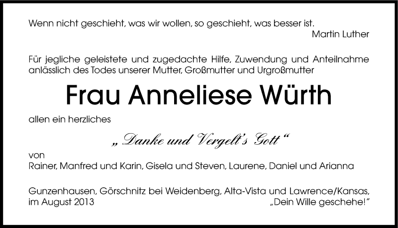  Traueranzeige für Anneliese Würth vom 13.08.2013 aus Altmühl-Bote Lokal