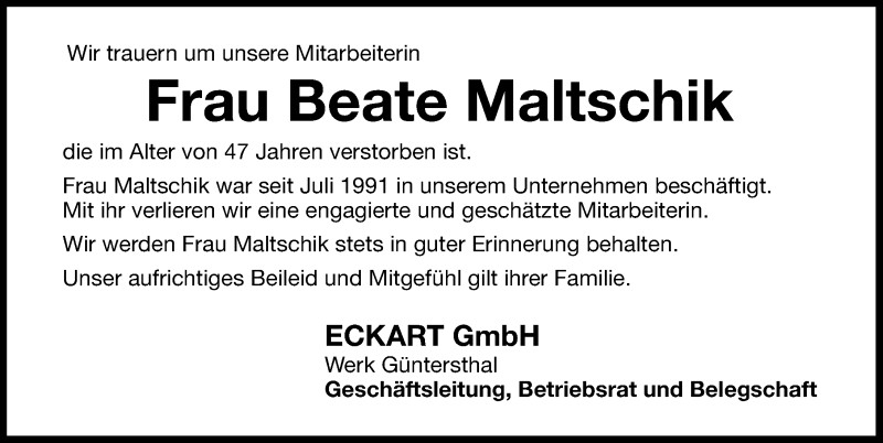  Traueranzeige für Beate Maltschik vom 13.08.2013 aus Nordbayerische Nachrichten Pegnitz Lokal