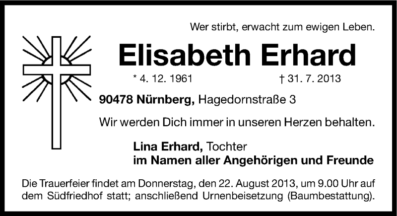  Traueranzeige für Elisabeth Erhard vom 17.08.2013 aus Gesamtausgabe Nürnberger Nachrichten/ Nürnberger Ztg.