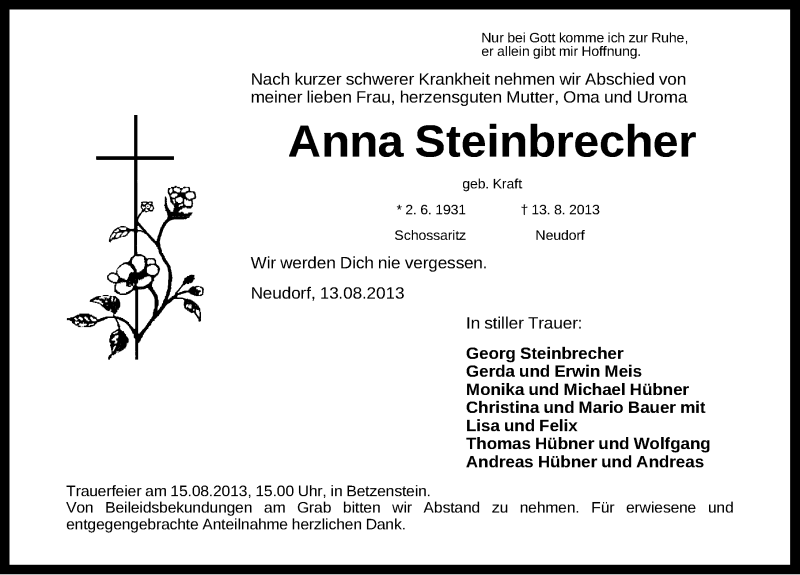  Traueranzeige für Anna Steinbrecher vom 15.08.2013 aus Nordbayerische Nachrichten Forchheim Lokal