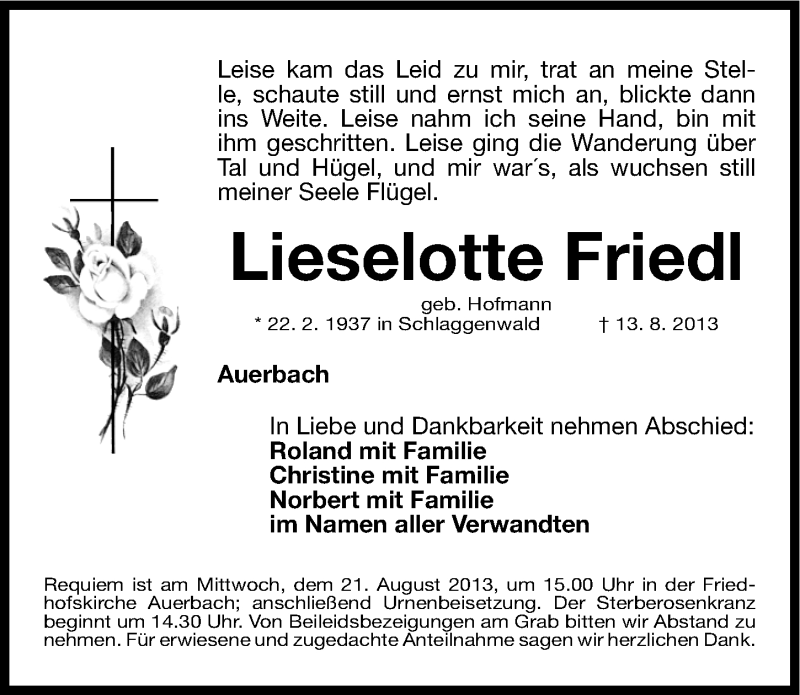 Traueranzeige für Lieselotte Friedl vom 17.08.2013 aus Nordbayerische Nachrichten Pegnitz Lokal