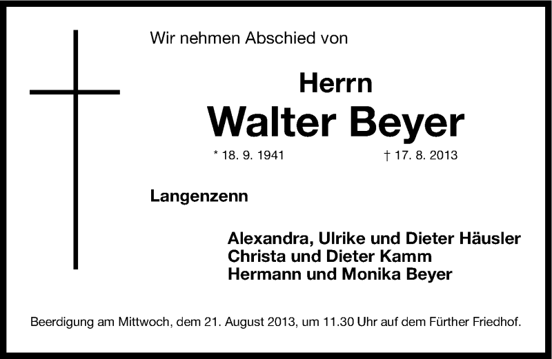  Traueranzeige für Walter Beyer vom 19.08.2013 aus Fürther Nachrichten Lokal