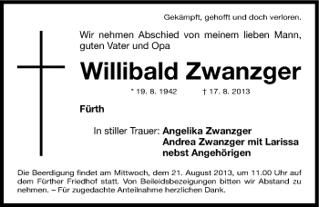 Traueranzeige von Willibald Zwanzger von Fürther Nachrichten Lokal