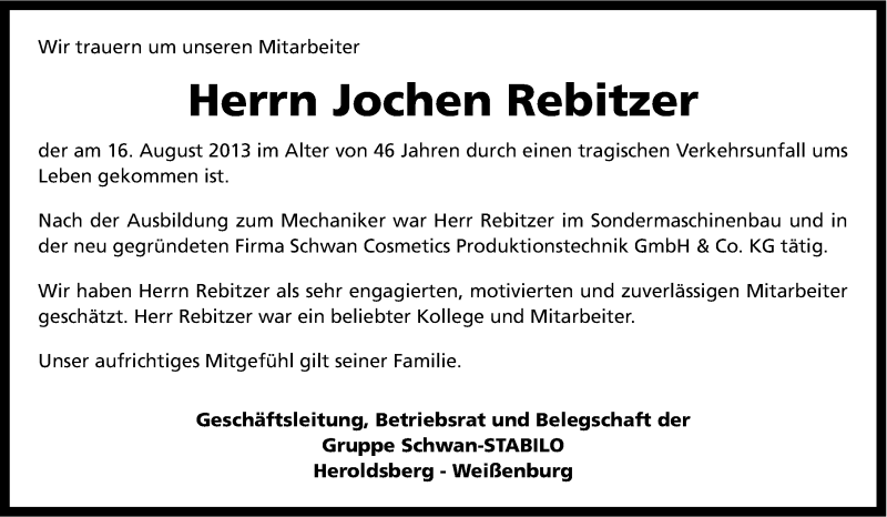  Traueranzeige für Jochen Rebitzer vom 22.08.2013 aus Gesamtausgabe Nürnberger Nachrichten/ Nürnberger Ztg.