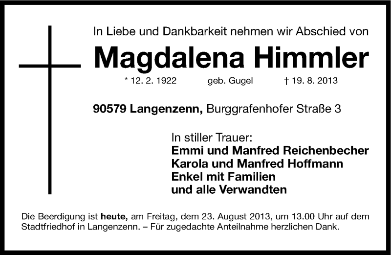 Traueranzeige für Magdalena Himmler vom 23.08.2013 aus Gesamtausgabe Nürnberger Nachrichten/ Nürnberger Ztg.
