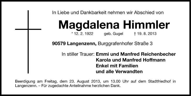  Traueranzeige für Magdalena Himmler vom 22.08.2013 aus Fürther Nachrichten Lokal