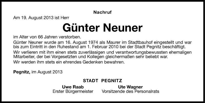  Traueranzeige für Günter Neuner vom 22.08.2013 aus Nordbayerische Nachrichten Pegnitz Lokal