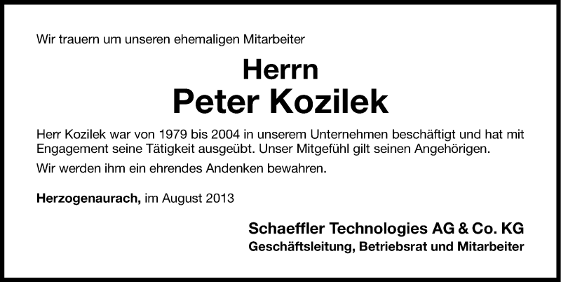  Traueranzeige für Peter Kozilek vom 22.08.2013 aus Nordbayerische Nachrichten Herzogenaurach Lokal