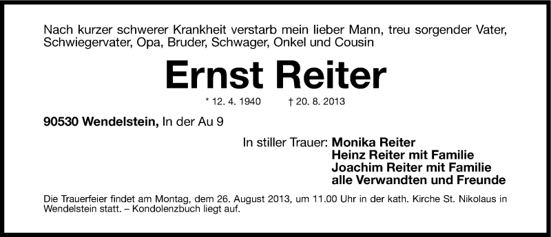  Traueranzeige für Ernst Reiter vom 24.08.2013 aus Gesamtausgabe Nürnberger Nachrichten/ Nürnberger Ztg.