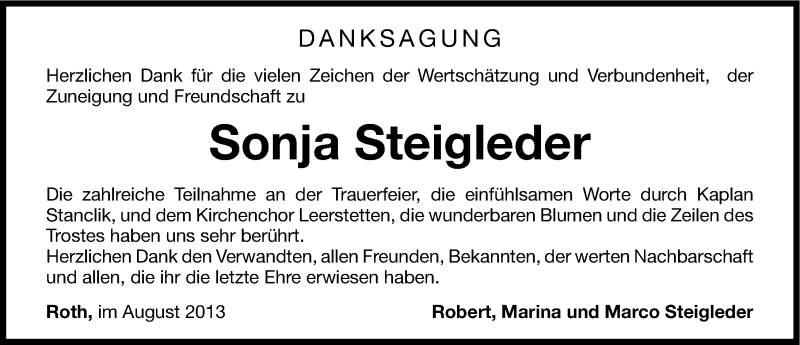  Traueranzeige für Sonja Steigleder vom 24.08.2013 aus Roth-Hilpoltsteiner Volkszeitung Lokal