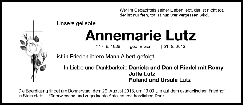  Traueranzeige für Annemarie Lutz vom 24.08.2013 aus Gesamtausgabe Nürnberger Nachrichten/ Nürnberger Ztg.