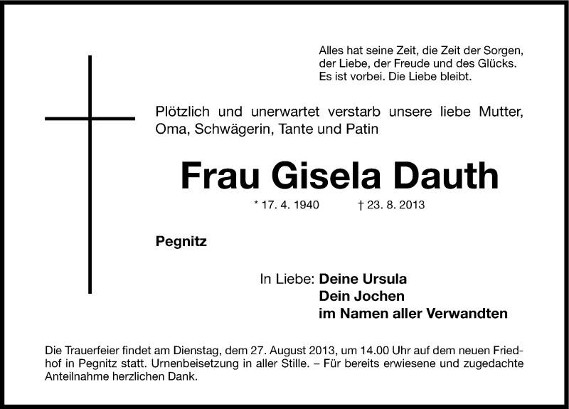  Traueranzeige für Gisela Dauth vom 26.08.2013 aus Nordbayerische Nachrichten Pegnitz Lokal
