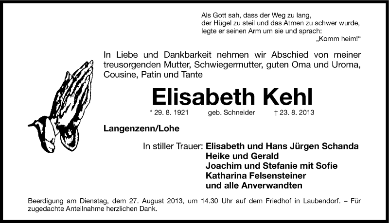  Traueranzeige für Elisabeth Kehl vom 26.08.2013 aus Gesamtausgabe Nürnberger Nachrichten/ Nürnberger Ztg.