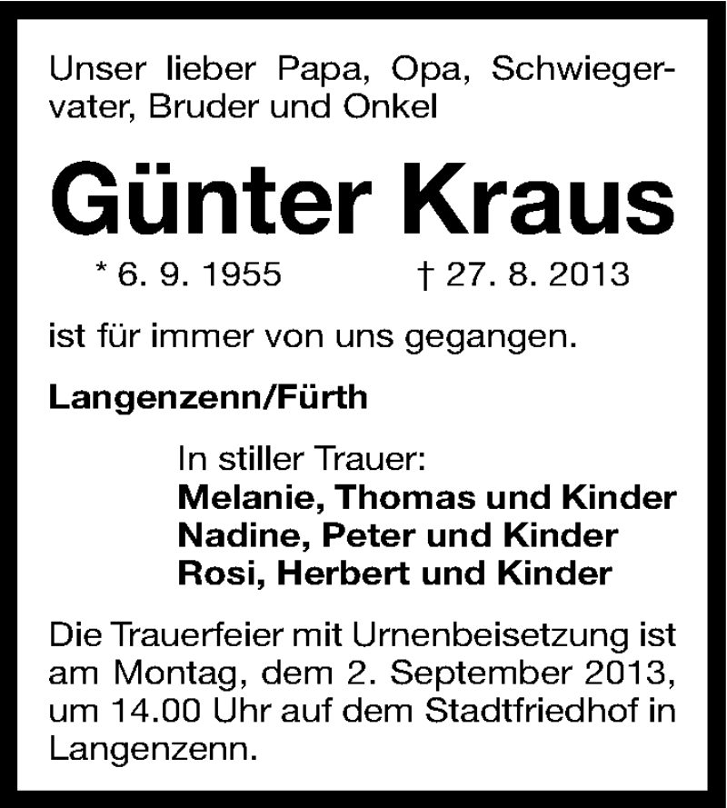  Traueranzeige für Günter Kraus vom 30.08.2013 aus Fürther Nachrichten Lokal