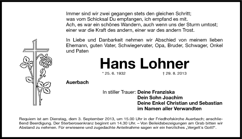  Traueranzeige für Hans Lohner vom 31.08.2013 aus Nordbayerische Nachrichten Pegnitz Lokal
