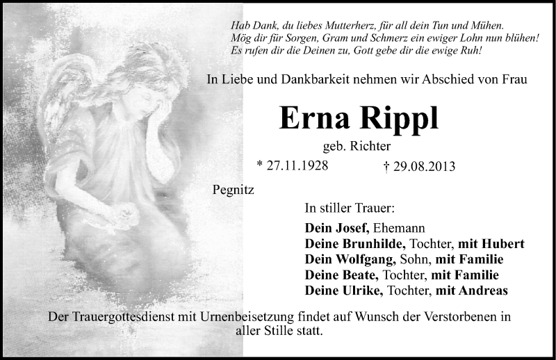  Traueranzeige für Erna Rippl vom 31.08.2013 aus Nordbayerische Nachrichten Pegnitz Lokal