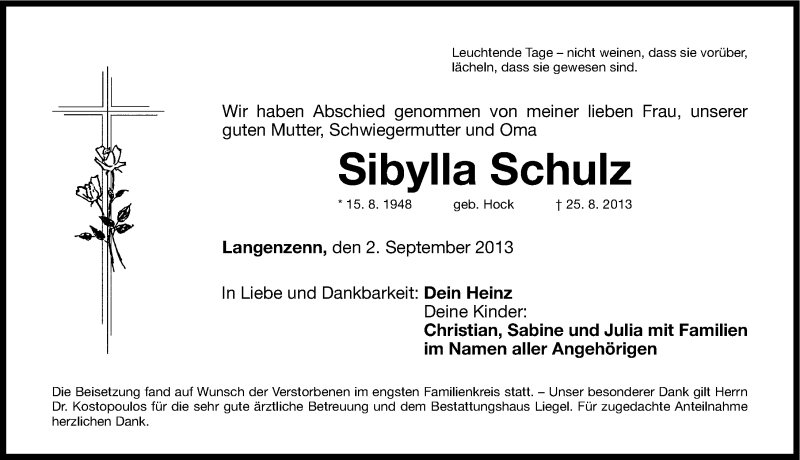  Traueranzeige für Sibylla Schulz vom 02.09.2013 aus Fürther Nachrichten Lokal