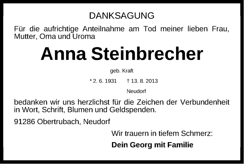  Traueranzeige für Anna Steinbrecher vom 04.09.2013 aus Nordbayerische Nachrichten Forchheim Lokal