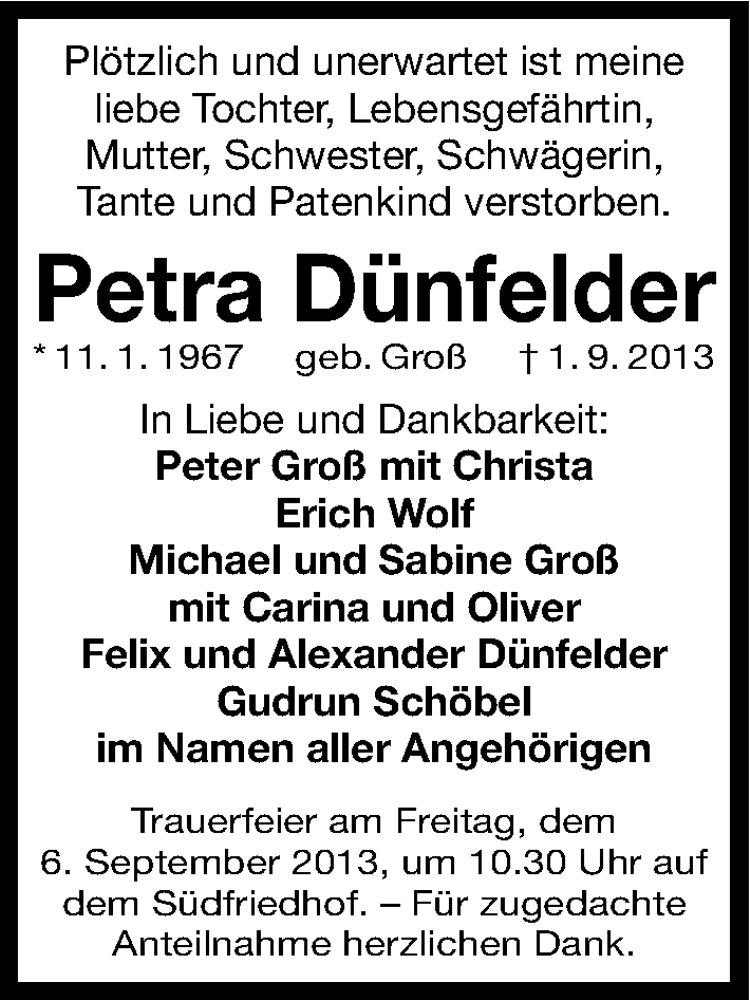  Traueranzeige für Petra Dünfelder vom 04.09.2013 aus Gesamtausgabe Nürnberger Nachrichten/ Nürnberger Ztg.