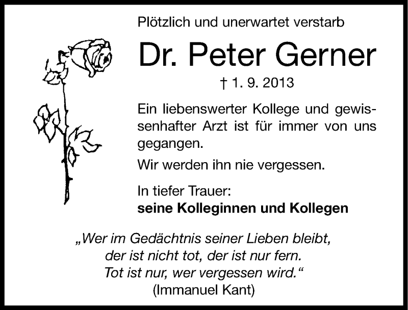  Traueranzeige für Peter Gerner vom 07.09.2013 aus Altmühl-Bote Lokal