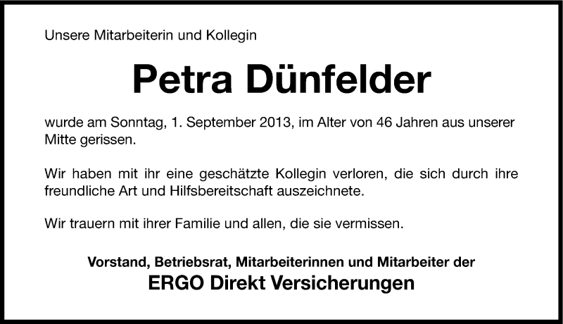  Traueranzeige für Petra Dünfelder vom 05.09.2013 aus Gesamtausgabe Nürnberger Nachrichten/ Nürnberger Ztg.