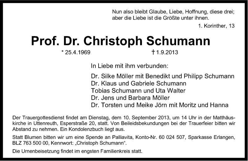 Traueranzeige für Christoph Schumann vom 05.09.2013 aus Erlanger Nachrichten Lokal