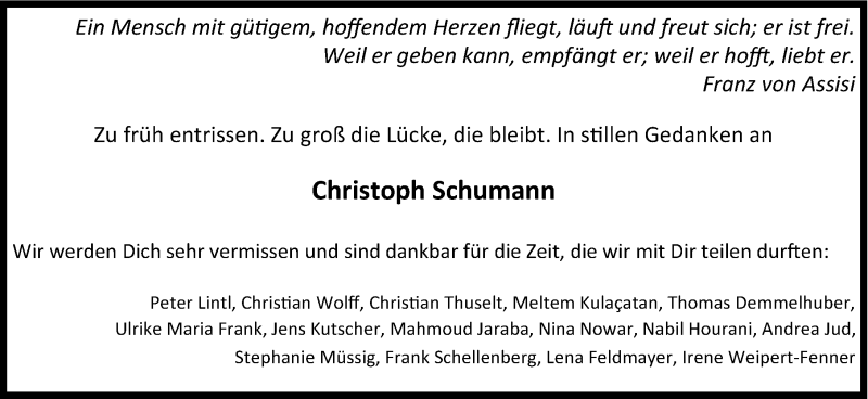  Traueranzeige für Christoph Schumann vom 05.09.2013 aus Erlanger Nachrichten Lokal