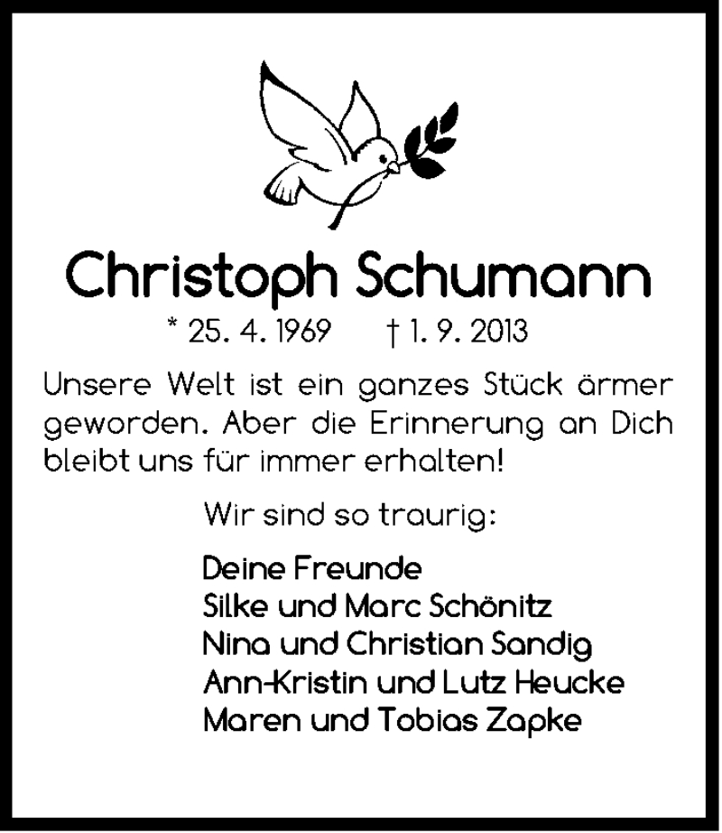  Traueranzeige für Christoph Schumann vom 05.09.2013 aus Gesamtausgabe Nürnberger Nachrichten/ Nürnberger Ztg.