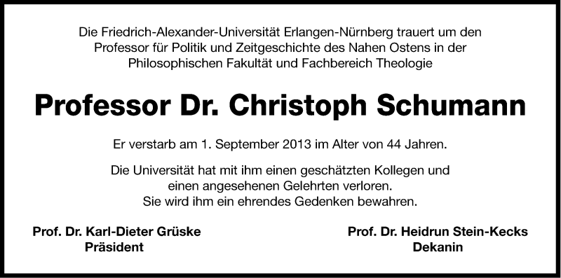  Traueranzeige für Christoph Schumann vom 05.09.2013 aus Erlanger Nachrichten Lokal