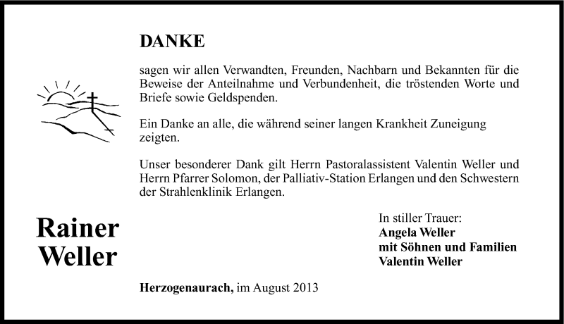  Traueranzeige für Rainer Weller vom 07.09.2013 aus Erlanger Nachrichten Lokal